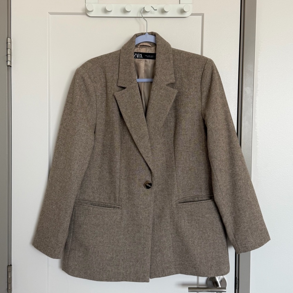 Zara Brown/Taupe Single-Button Tailored Blazer